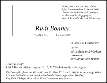 Anzeige von Rudi Bonner von Kölner Stadt-Anzeiger / Kölnische Rundschau / Express