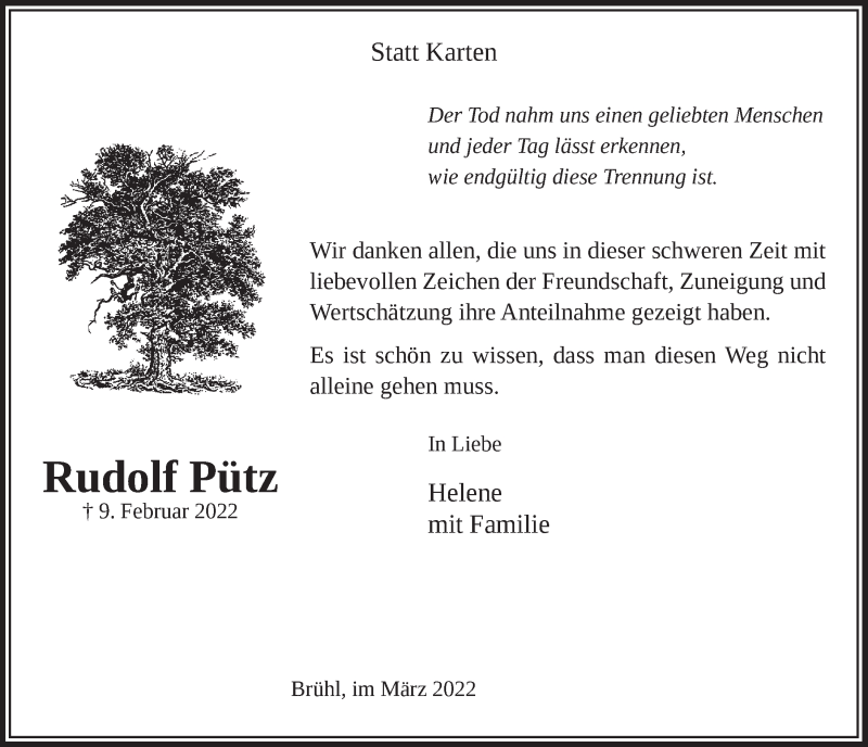  Traueranzeige für Rudolf Pütz vom 25.03.2022 aus  Schlossbote/Werbekurier 