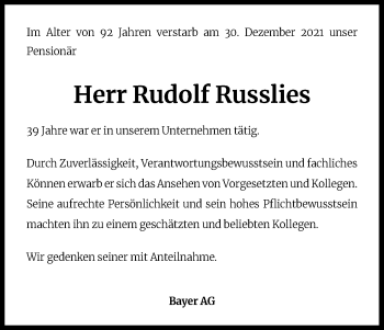 Anzeige von Rudolf Russlies von Kölner Stadt-Anzeiger / Kölnische Rundschau / Express