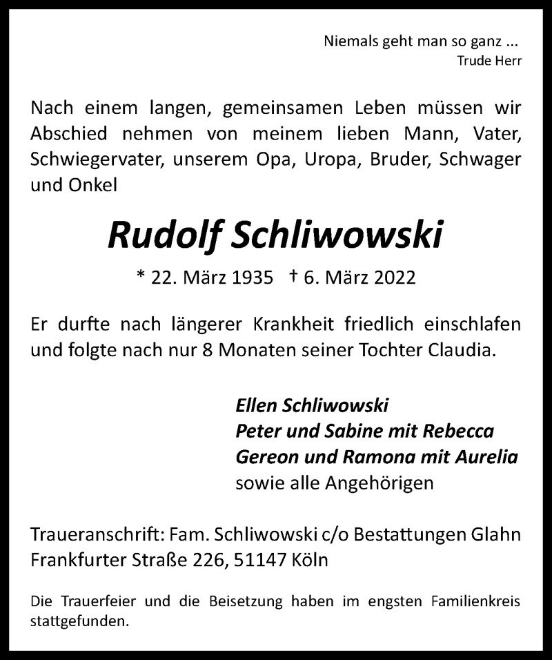 Traueranzeige für Rudolf Schliwowski vom 25.03.2022 aus  Extra Blatt 