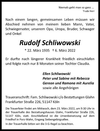 Anzeige von Rudolf Schliwowski von  EXPRESS - Die Woche 