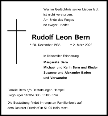 Anzeige von Rudolf Leon Bern von Kölner Stadt-Anzeiger / Kölnische Rundschau / Express