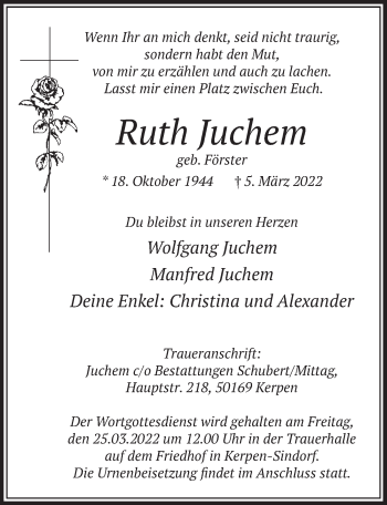 Anzeige von Ruth Juchem von  Wochenende  Werbepost 