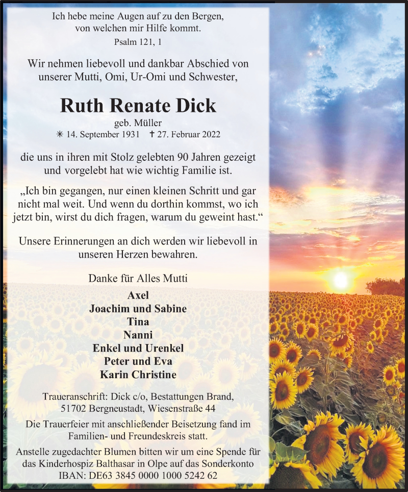  Traueranzeige für Ruth Renate Dick vom 12.03.2022 aus Kölner Stadt-Anzeiger / Kölnische Rundschau / Express