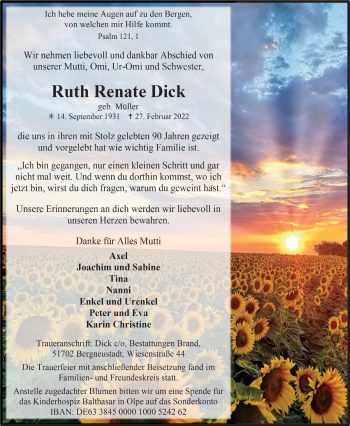 Anzeige von Ruth Renate Dick von  Anzeigen Echo 