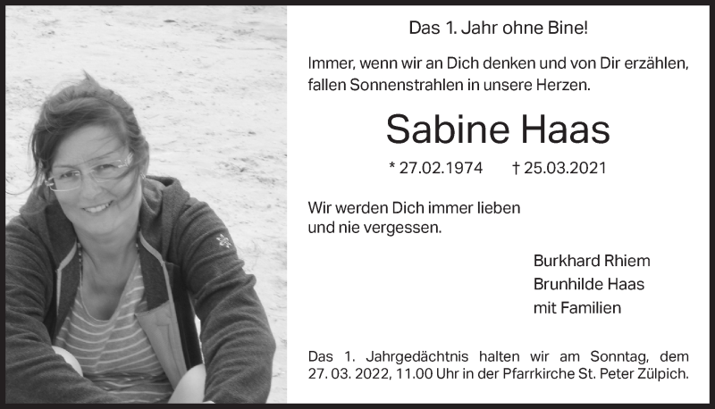  Traueranzeige für Sabine Haas vom 19.03.2022 aus  Blickpunkt Euskirchen 