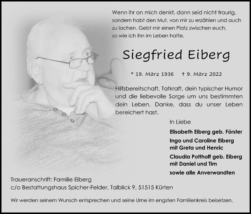  Traueranzeige für Siegfried Eiberg vom 12.03.2022 aus Kölner Stadt-Anzeiger / Kölnische Rundschau / Express