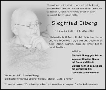 Anzeige von Siegfried Eiberg von Kölner Stadt-Anzeiger / Kölnische Rundschau / Express