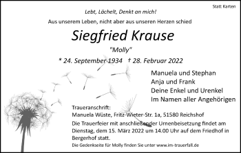 Anzeige von Siegfried Krause von Kölner Stadt-Anzeiger / Kölnische Rundschau / Express