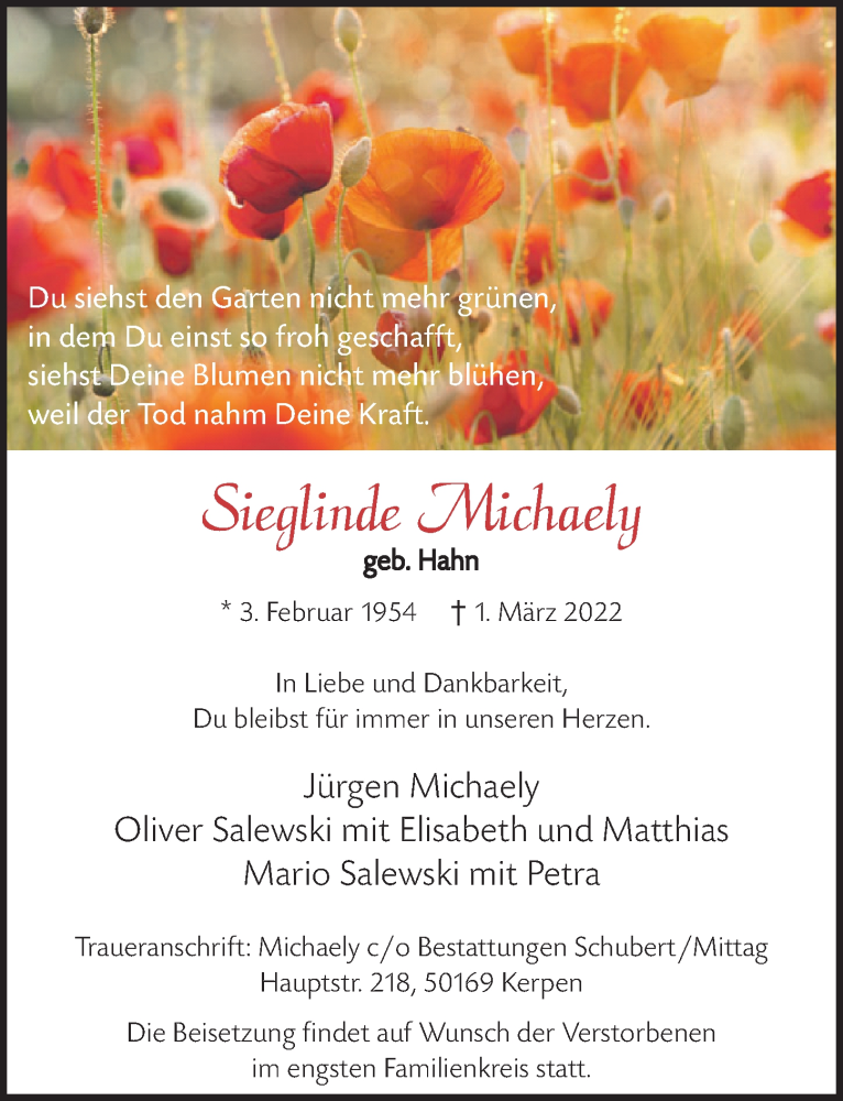  Traueranzeige für Sieglinde Michaely vom 11.03.2022 aus  Werbepost 