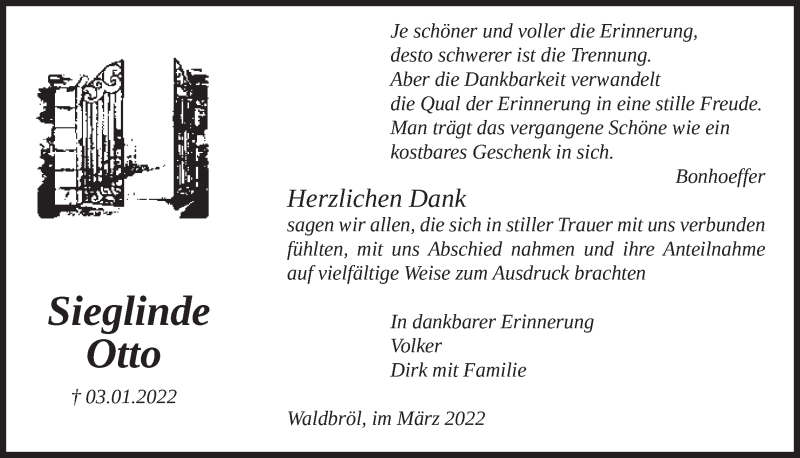  Traueranzeige für Sieglinde Otto vom 11.03.2022 aus  Lokalanzeiger 