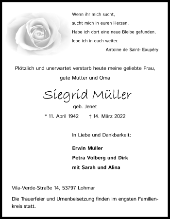 Anzeige von Siegrid Müller von Kölner Stadt-Anzeiger / Kölnische Rundschau / Express