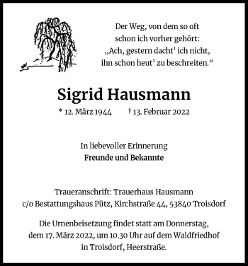 Anzeige von Sigrid Hausmann von Kölner Stadt-Anzeiger / Kölnische Rundschau / Express