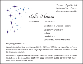 Anzeige von Sofie Heinen von Kölner Stadt-Anzeiger / Kölnische Rundschau / Express