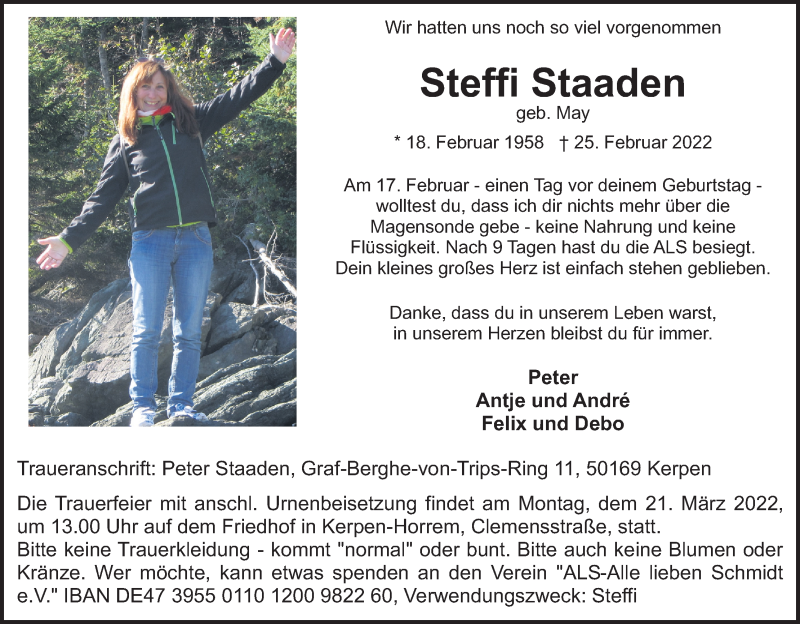  Traueranzeige für Steffi Staaden vom 05.03.2022 aus Kölner Stadt-Anzeiger / Kölnische Rundschau / Express