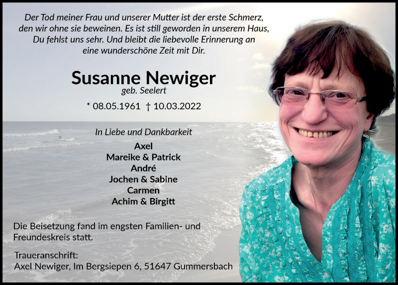  Traueranzeige für Susanne Newiger vom 25.03.2022 aus  Anzeigen Echo 