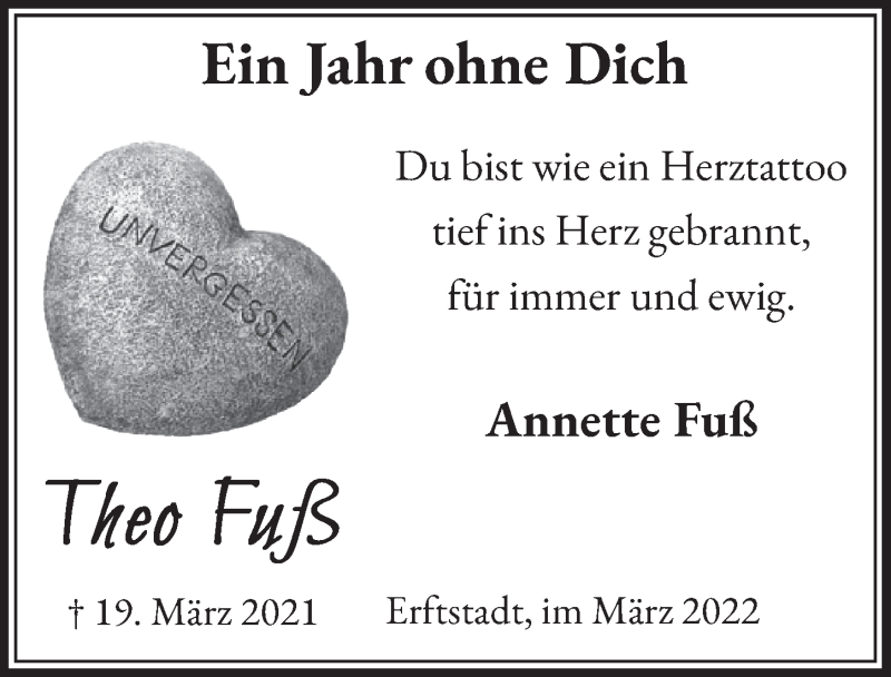  Traueranzeige für Theo Fuß vom 18.03.2022 aus  Werbepost 