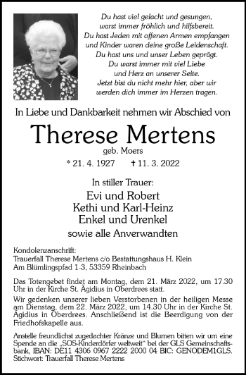 Anzeige von Therese Mertens von  Schaufenster/Blickpunkt 