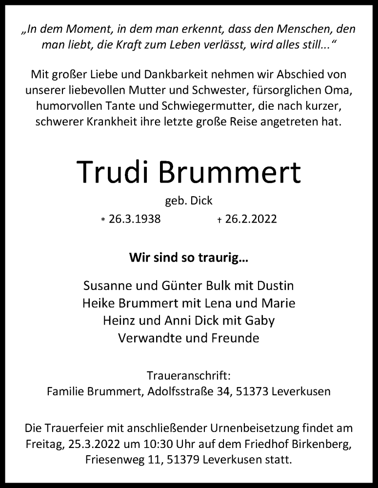  Traueranzeige für Trudi Brummert vom 19.03.2022 aus Kölner Stadt-Anzeiger / Kölnische Rundschau / Express