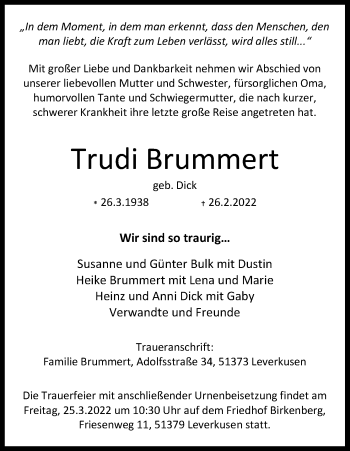 Anzeige von Trudi Brummert von Kölner Stadt-Anzeiger / Kölnische Rundschau / Express