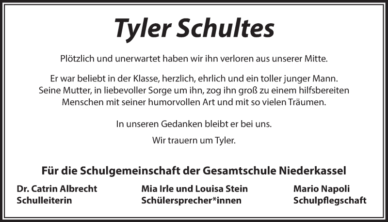  Traueranzeige für Tyler Schultes vom 01.04.2022 aus  Extra Blatt 