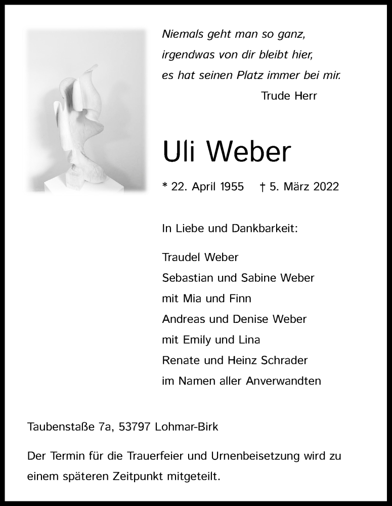  Traueranzeige für Uli Weber vom 12.03.2022 aus Kölner Stadt-Anzeiger / Kölnische Rundschau / Express