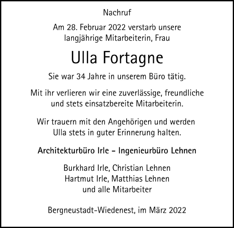  Traueranzeige für Ulla Fortagne vom 04.03.2022 aus  Anzeigen Echo 