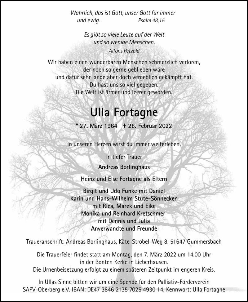  Traueranzeige für Ulla Fortagne vom 04.03.2022 aus  Anzeigen Echo 