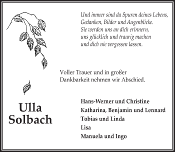 Anzeige von Ulla Solbach von  Lokalanzeiger 