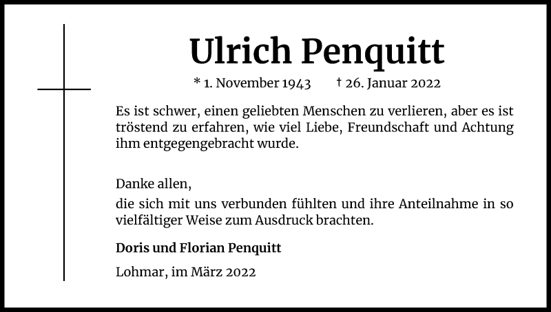 Traueranzeige für Ulrich Penquitt vom 26.03.2022 aus Kölner Stadt-Anzeiger / Kölnische Rundschau / Express