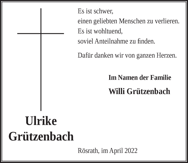  Traueranzeige für Ulrike Grützenbach vom 01.04.2022 aus  Bergisches Handelsblatt 