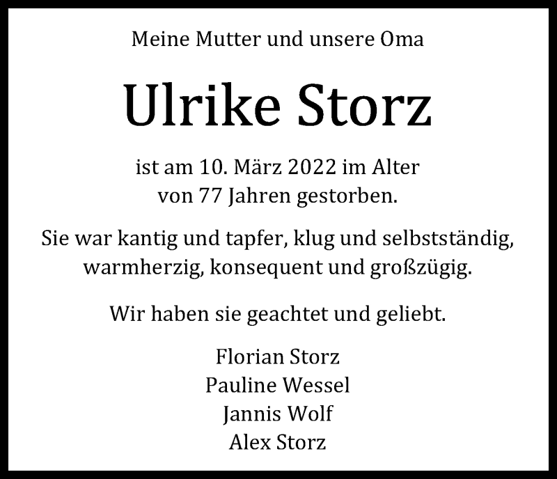  Traueranzeige für Ulrike Storz vom 12.03.2022 aus Kölner Stadt-Anzeiger / Kölnische Rundschau / Express