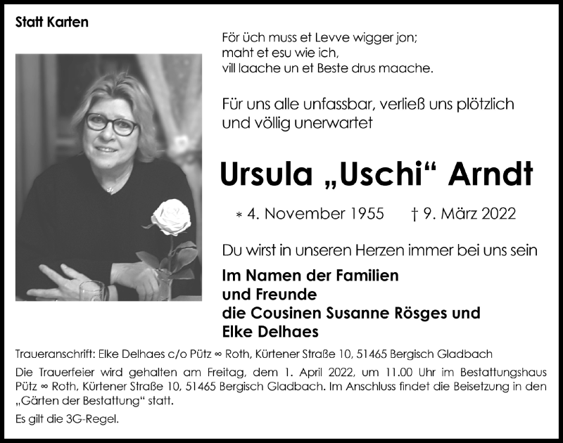  Traueranzeige für Ursula Arndt vom 18.03.2022 aus  EXPRESS - Die Woche 