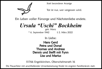 Anzeige von Ursula Bockheim von Kölner Stadt-Anzeiger / Kölnische Rundschau / Express