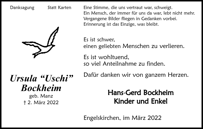  Traueranzeige für Ursula Bockheim vom 19.03.2022 aus Kölner Stadt-Anzeiger / Kölnische Rundschau / Express