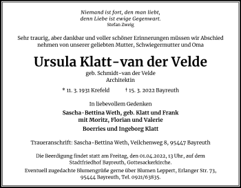 Anzeige von Ursula Klatt-van der Velde von Kölner Stadt-Anzeiger / Kölnische Rundschau / Express