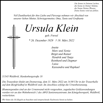 Anzeige von Ursula Klein von  Lokalanzeiger 