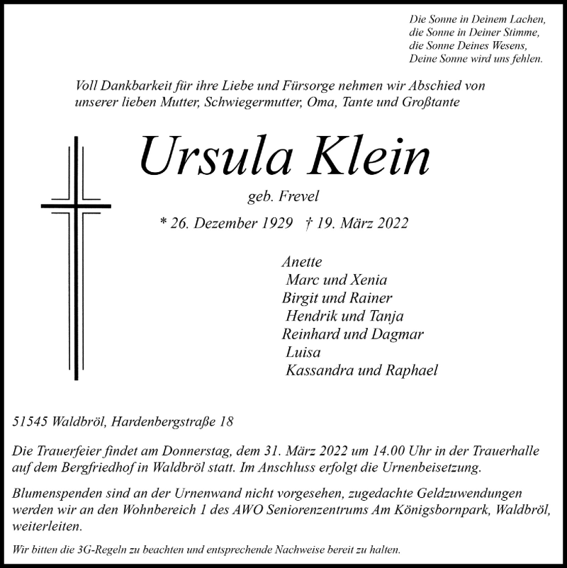  Traueranzeige für Ursula Klein vom 25.03.2022 aus  Lokalanzeiger 