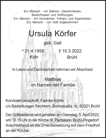 Anzeige von Ursula Körfer von  Schlossbote/Werbekurier 