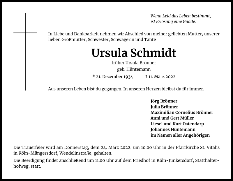  Traueranzeige für Ursula Schmidt vom 19.03.2022 aus Kölner Stadt-Anzeiger / Kölnische Rundschau / Express