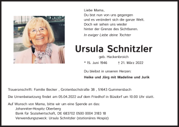 Anzeige von Ursula Schnitzler von Kölner Stadt-Anzeiger / Kölnische Rundschau / Express