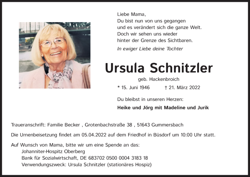  Traueranzeige für Ursula Schnitzler vom 28.03.2022 aus Kölner Stadt-Anzeiger / Kölnische Rundschau / Express