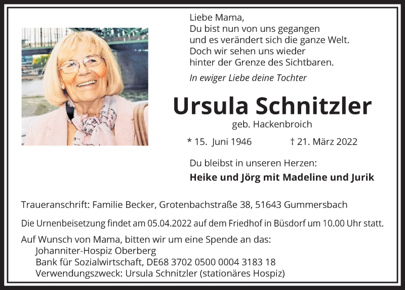 Traueranzeige für Ursula Schnitzler vom 01.04.2022 aus  Werbepost 