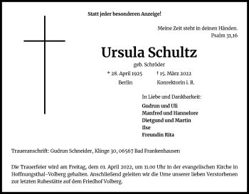 Anzeige von Ursula Schultz von Kölner Stadt-Anzeiger / Kölnische Rundschau / Express
