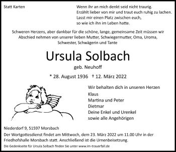 Anzeige von Ursula Solbach von  Lokalanzeiger 