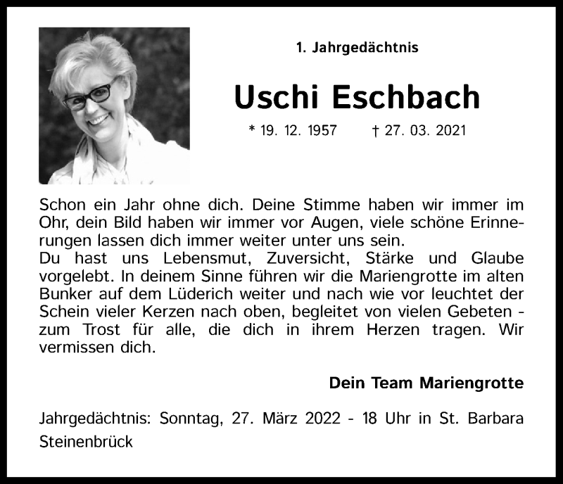  Traueranzeige für Uschi Eschbach vom 26.03.2022 aus Kölner Stadt-Anzeiger / Kölnische Rundschau / Express