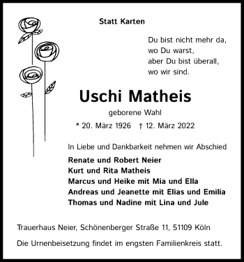 Anzeige von Uschi Matheis von Kölner Stadt-Anzeiger / Kölnische Rundschau / Express