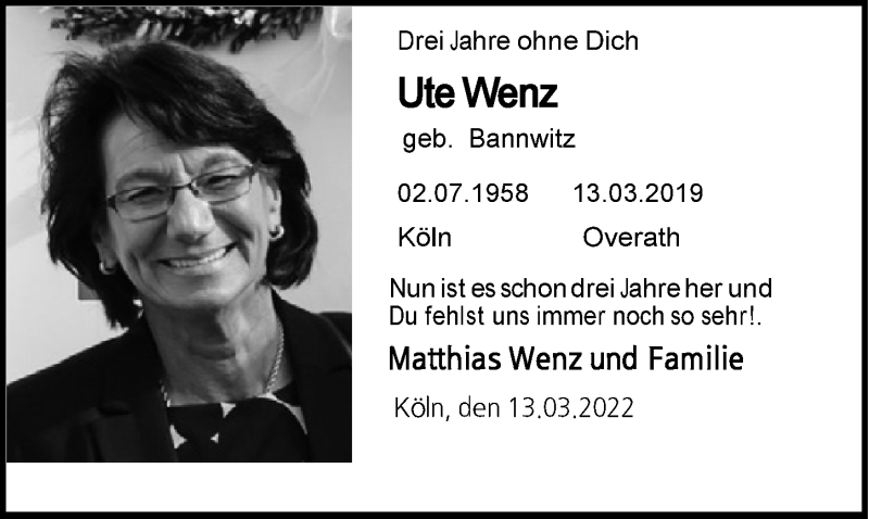  Traueranzeige für Ute Wenz vom 18.07.2023 aus  Bergisches Handelsblatt 