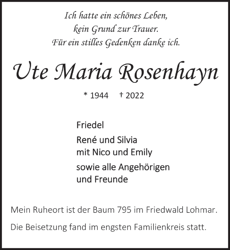  Traueranzeige für Ute Maria Rosenhayn vom 11.03.2022 aus  Extra Blatt 