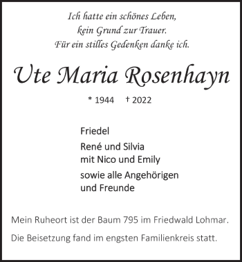 Anzeige von Ute Maria Rosenhayn von  Extra Blatt 